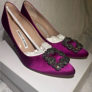 Manolo Blahnik Women’s Fuchsia Hangisi 70 with Crystal Buckle